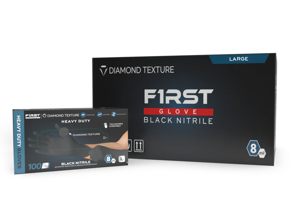 FIRST GLOVE HD 8 MIL BLACK NITRILE DISPOSABLE INDUSTRIAL GLOVES WITH RAISED DIAMOND TEXTURE 10/100 CASE