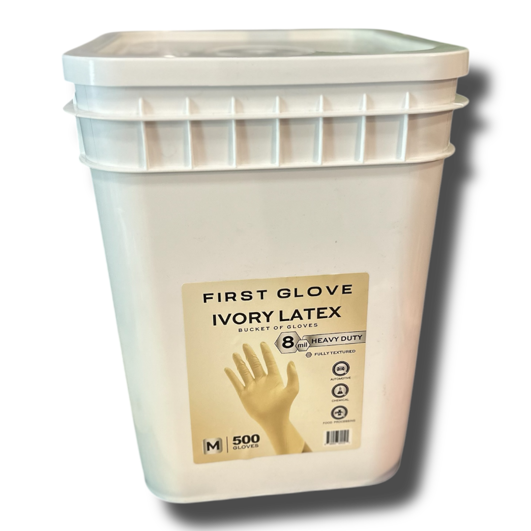 FIRST GLOVE Latex 8 Mil Bucket Fully Textured Ivory Gloves - Heavy Duty Gloves for Industrial, Medical, Automotive, Food & Work - Disposable Gloves with Texture Grip & Powder-Free - 500 Count MEDIUM