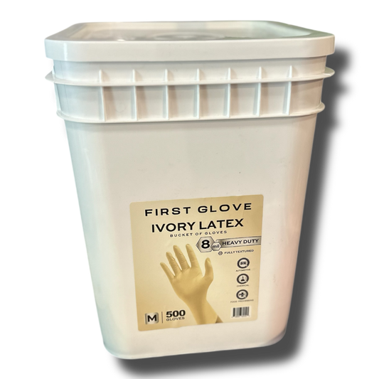 FIRST GLOVE Latex 8 Mil Bucket Fully Textured Ivory Gloves - Heavy Duty Gloves for Industrial, Medical, Automotive, Food & Work - Disposable Gloves with Texture Grip & Powder-Free - 500 Count MEDIUM
