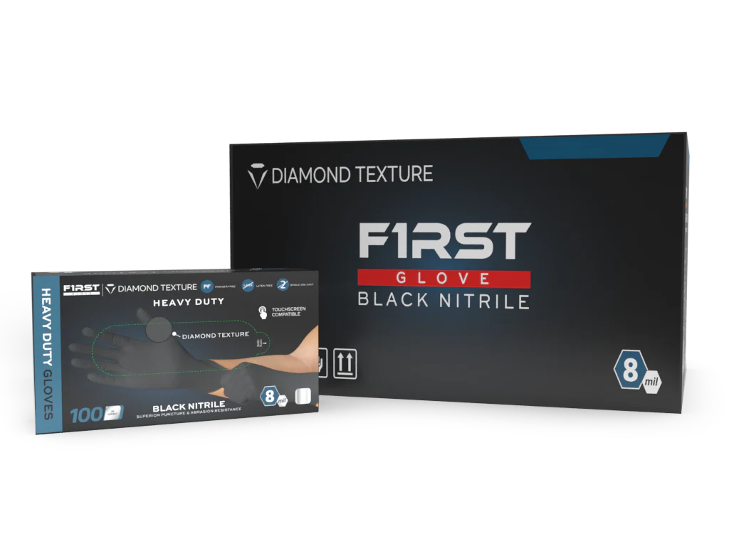 FIRST GLOVE HD 8 MIL BLACK NITRILE DISPOSABLE INDUSTRIAL GLOVES WITH RAISED DIAMOND TEXTURE 10/100 CASE